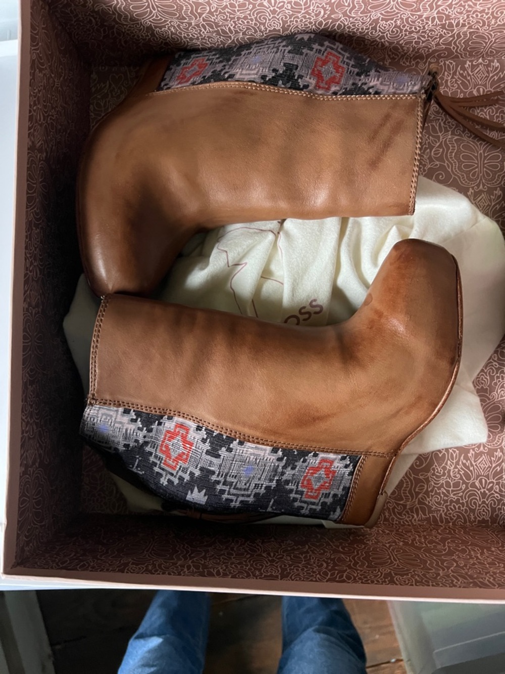 Ella Moss Tan Leather Ankle Booties with Black & Red Patterned Panels